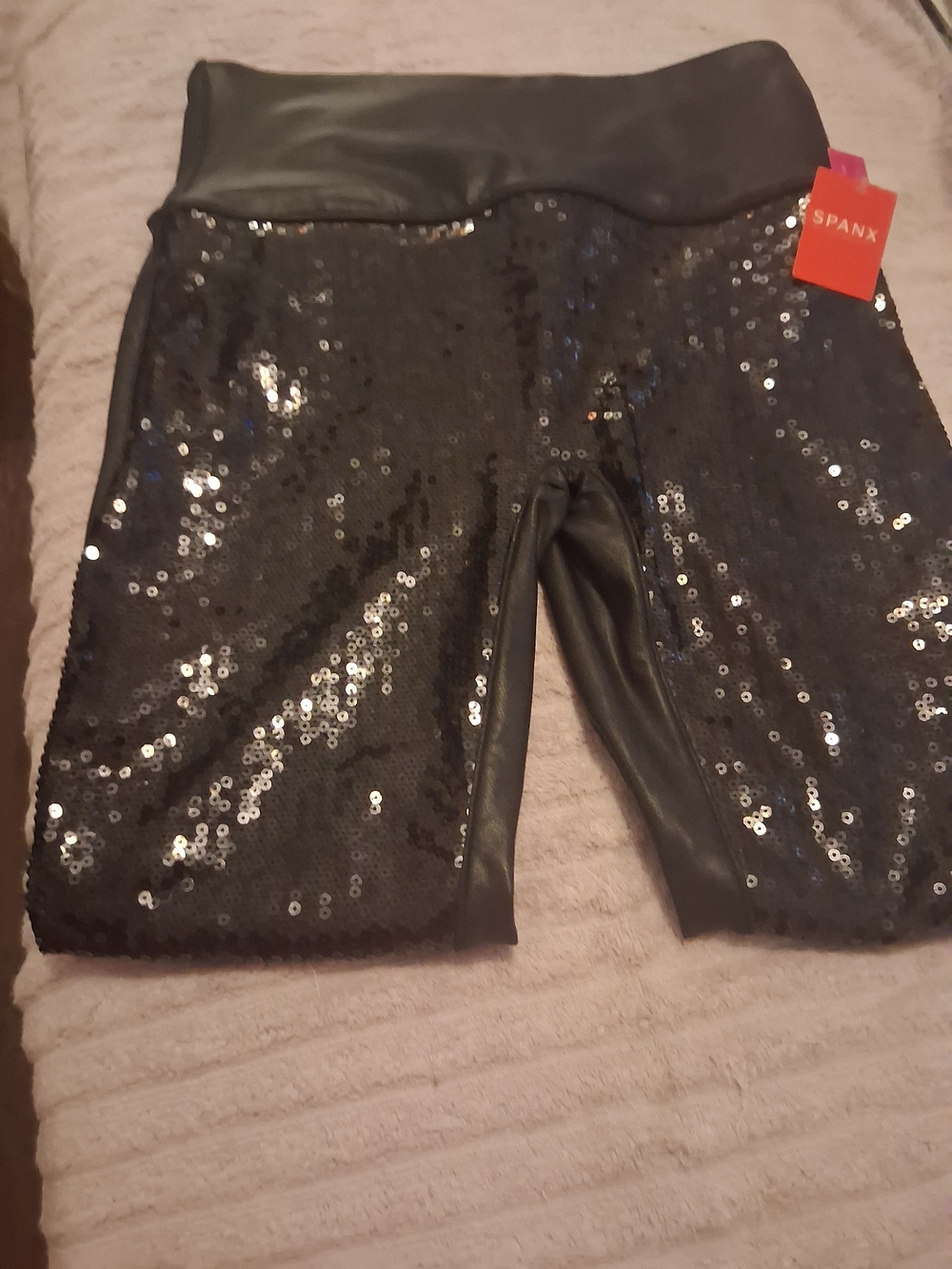 SPANX Black Sequin Faux Leather Panel Leggings